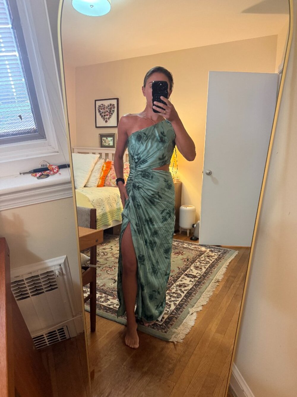 Green Pleated Silk Maxi Dress with Cut Out